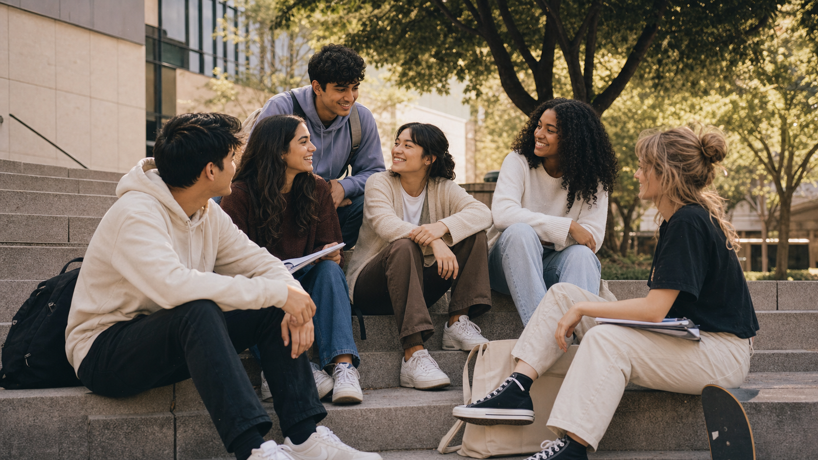 Students gathered outdoors on campus steps in conversation